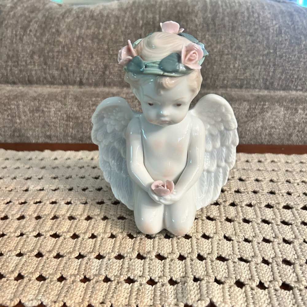 Vtg LBK Porcelain Kneeling Angel Cherub Figurine Floral Crown Pink Roses 6.5"